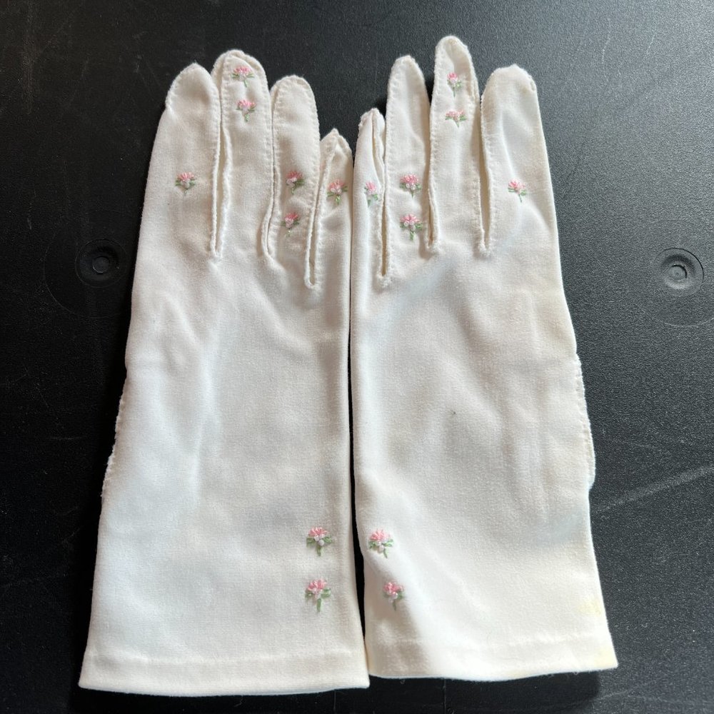 Vintage CRESCENDOE ivory-color Cotton Floral Beaded Evening Gloves sz 7